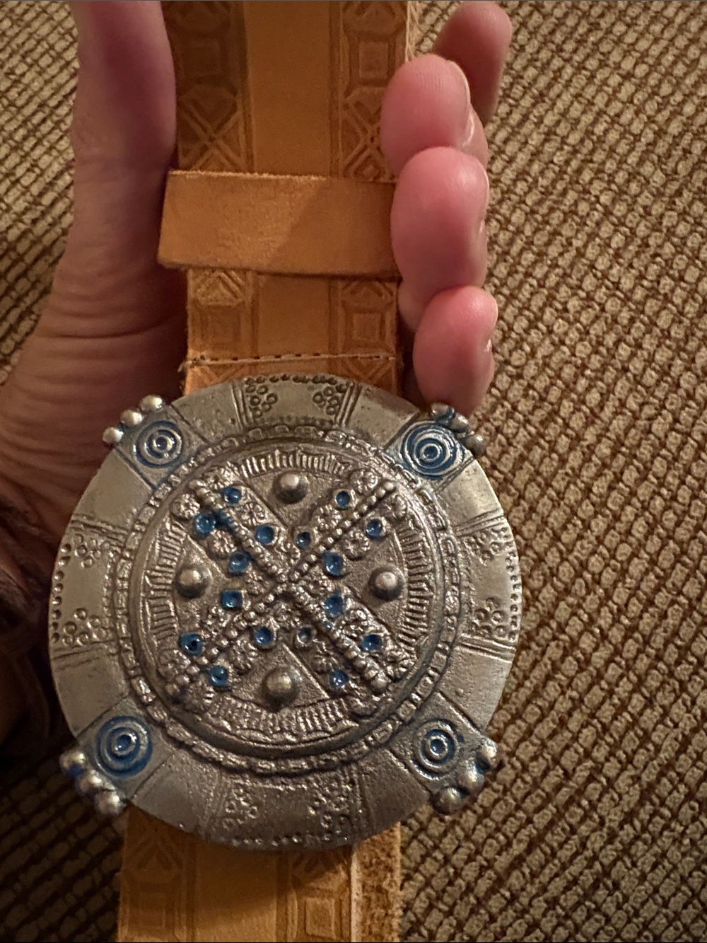 Gorgeous Woman’s Leather Belt with Large Belt Buckle with Blue Accents-Medium